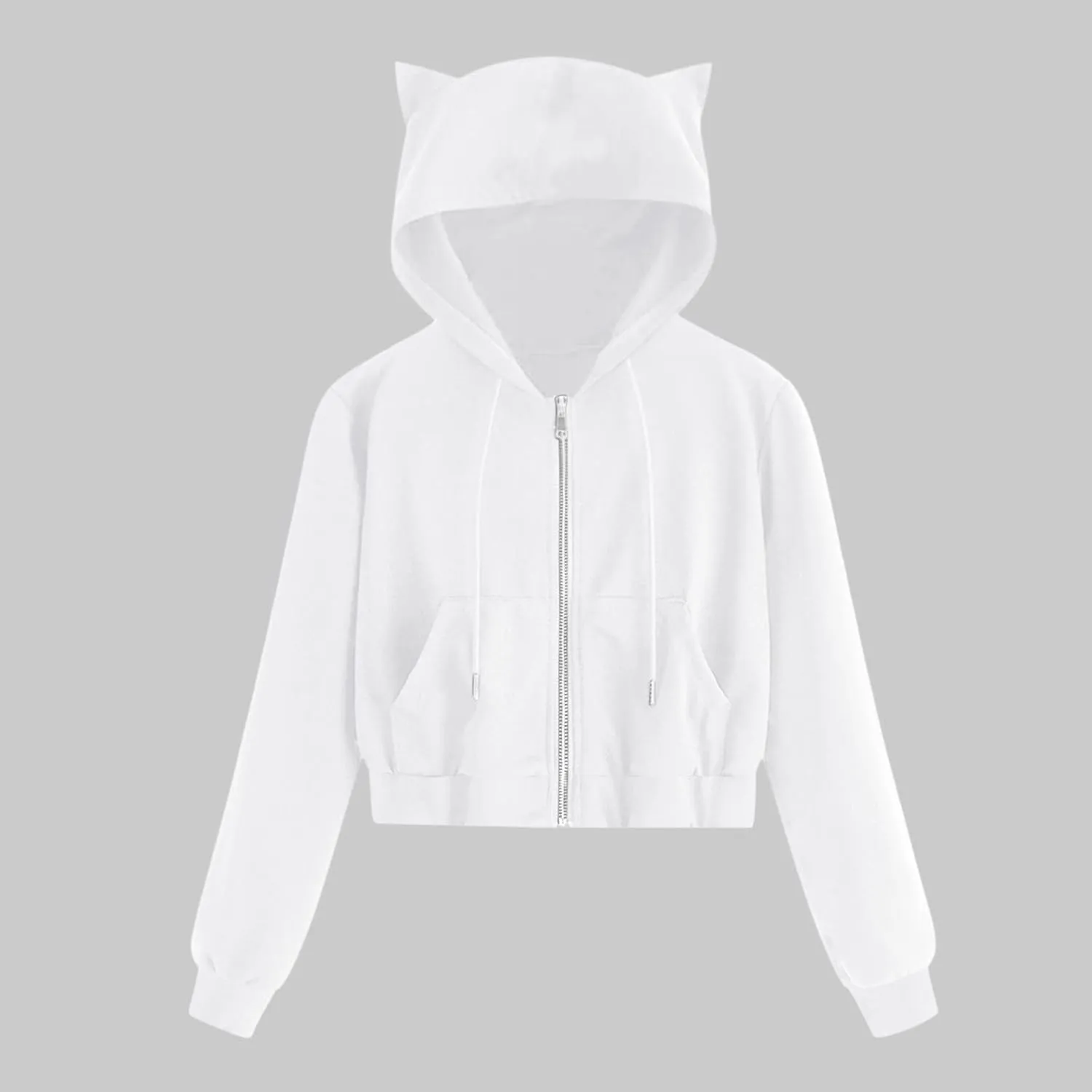 2024 Full Zip Solid Sweatshirts for Women Cute Cat Ears Long Sleeve Hoodies Casual Cropped Pullover Tops with Pockets