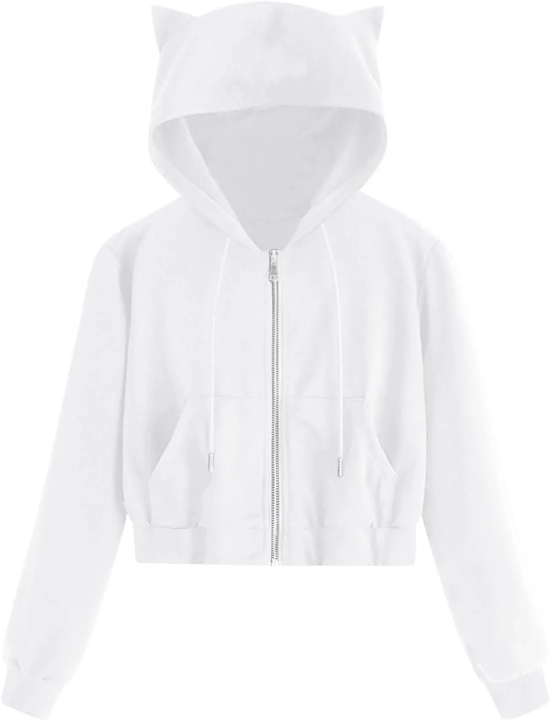2024 Full Zip Solid Sweatshirts for Women Cute Cat Ears Long Sleeve Hoodies Casual Cropped Pullover Tops with Pockets
