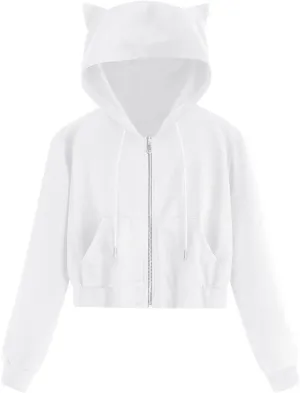 2024 Full Zip Solid Sweatshirts for Women Cute Cat Ears Long Sleeve Hoodies Casual Cropped Pullover Tops with Pockets