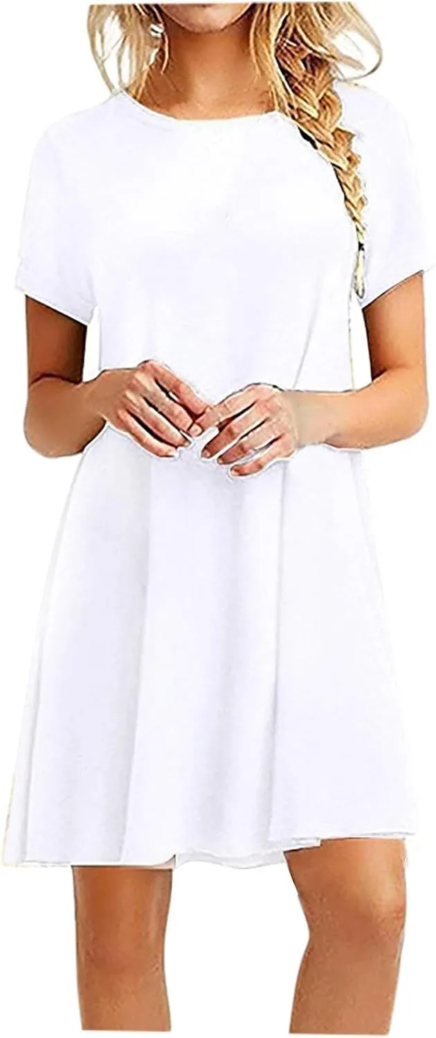 2024 Women's Casul Summer Crewneck Short Sleeve Solid A-Line Beach Vacation Midi Dresses Flowy Sundress Shift Dress