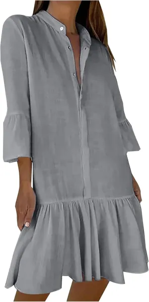 2025 Shift Shirt Dress for Women 3/4 Sleeve Button Collared Pleated Ruffle Hem Midi Dresses Summer Clothes
