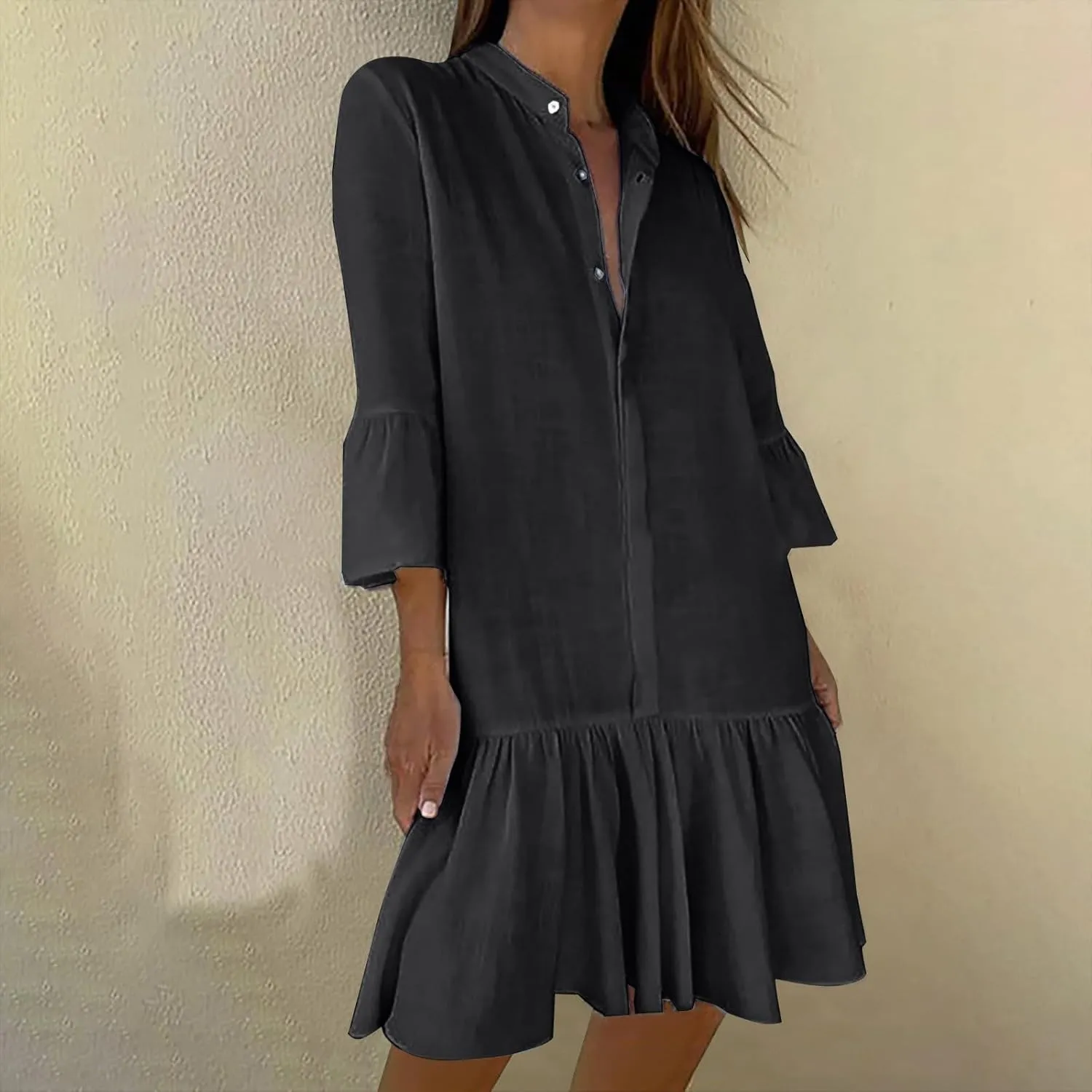 2025 Shift Shirt Dress for Women 3/4 Sleeve Button Collared Pleated Ruffle Hem Midi Dresses Summer Clothes