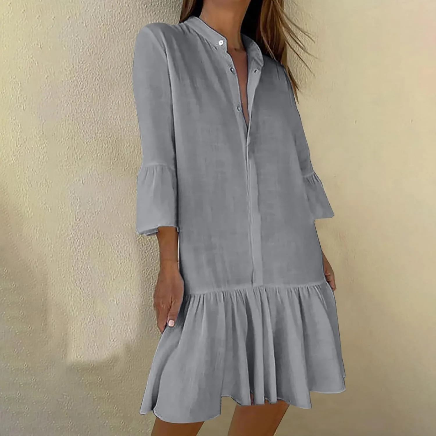 2025 Shift Shirt Dress for Women 3/4 Sleeve Button Collared Pleated Ruffle Hem Midi Dresses Summer Clothes