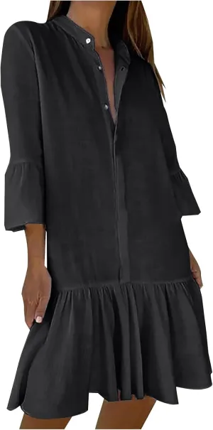 2025 Shift Shirt Dress for Women 3/4 Sleeve Button Collared Pleated Ruffle Hem Midi Dresses Summer Clothes