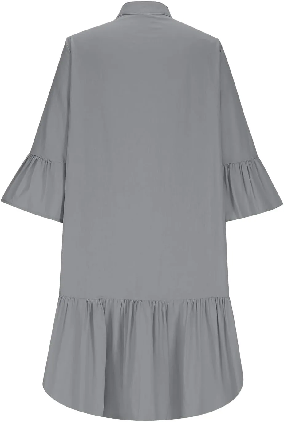 2025 Shift Shirt Dress for Women 3/4 Sleeve Button Collared Pleated Ruffle Hem Midi Dresses Summer Clothes