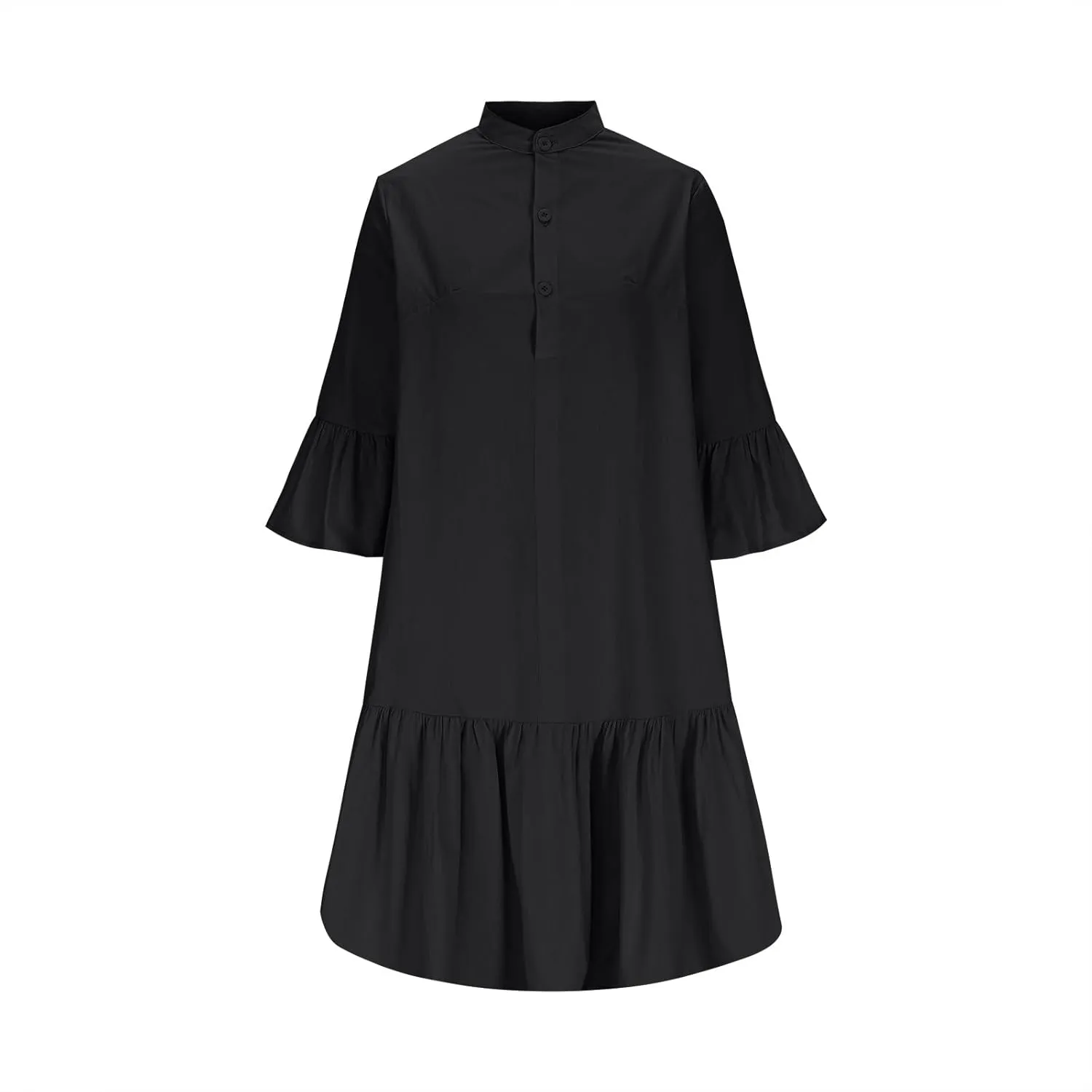 2025 Shift Shirt Dress for Women 3/4 Sleeve Button Collared Pleated Ruffle Hem Midi Dresses Summer Clothes