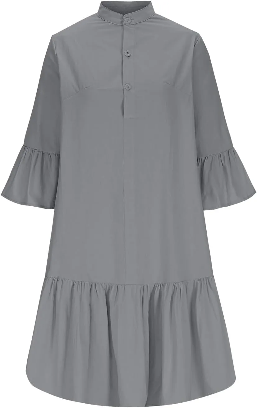 2025 Shift Shirt Dress for Women 3/4 Sleeve Button Collared Pleated Ruffle Hem Midi Dresses Summer Clothes