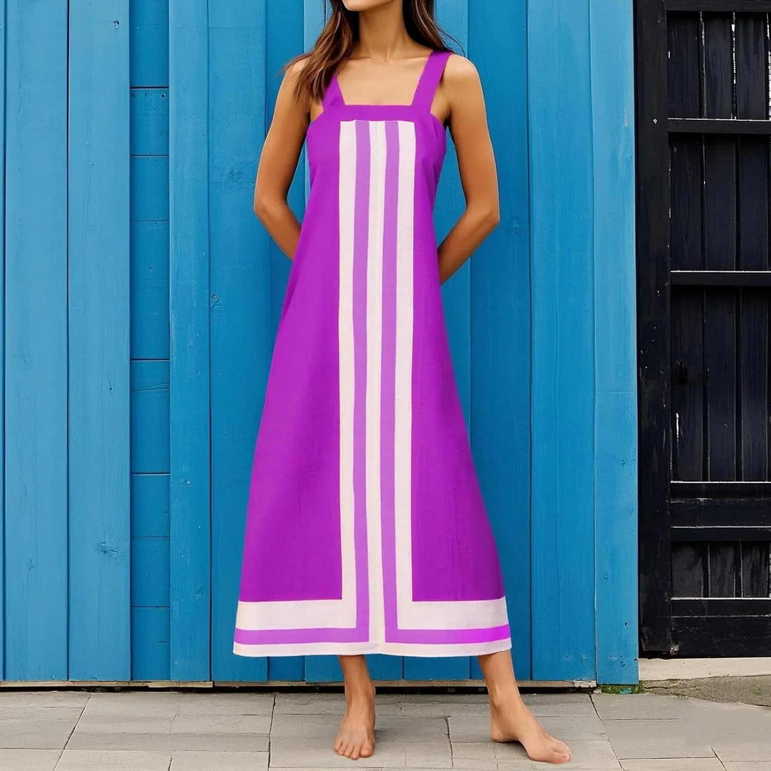 2025 Women Bohemian Floral Dress Summer Casual Color Block Maxi Beach Overall Dress Coverups