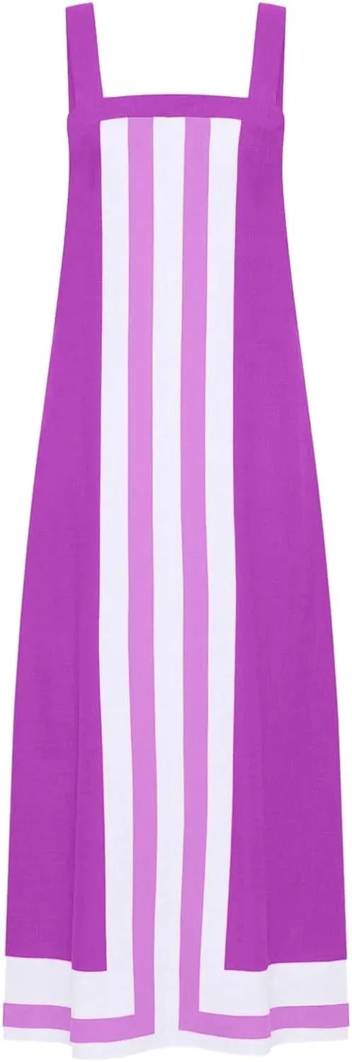 2025 Women Bohemian Floral Dress Summer Casual Color Block Maxi Beach Overall Dress Coverups