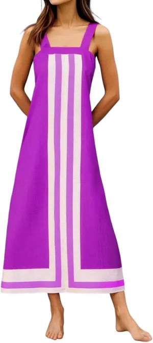 2025 Women Bohemian Floral Dress Summer Casual Color Block Maxi Beach Overall Dress Coverups