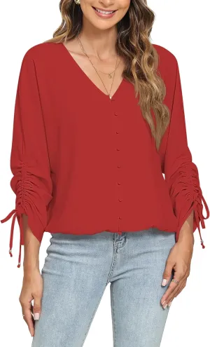 2025 Womens Chiffon Blouses V Neck 3/4 Sleeve Tops Oversized Button Down Flowy Shirts Business Casual Outfits