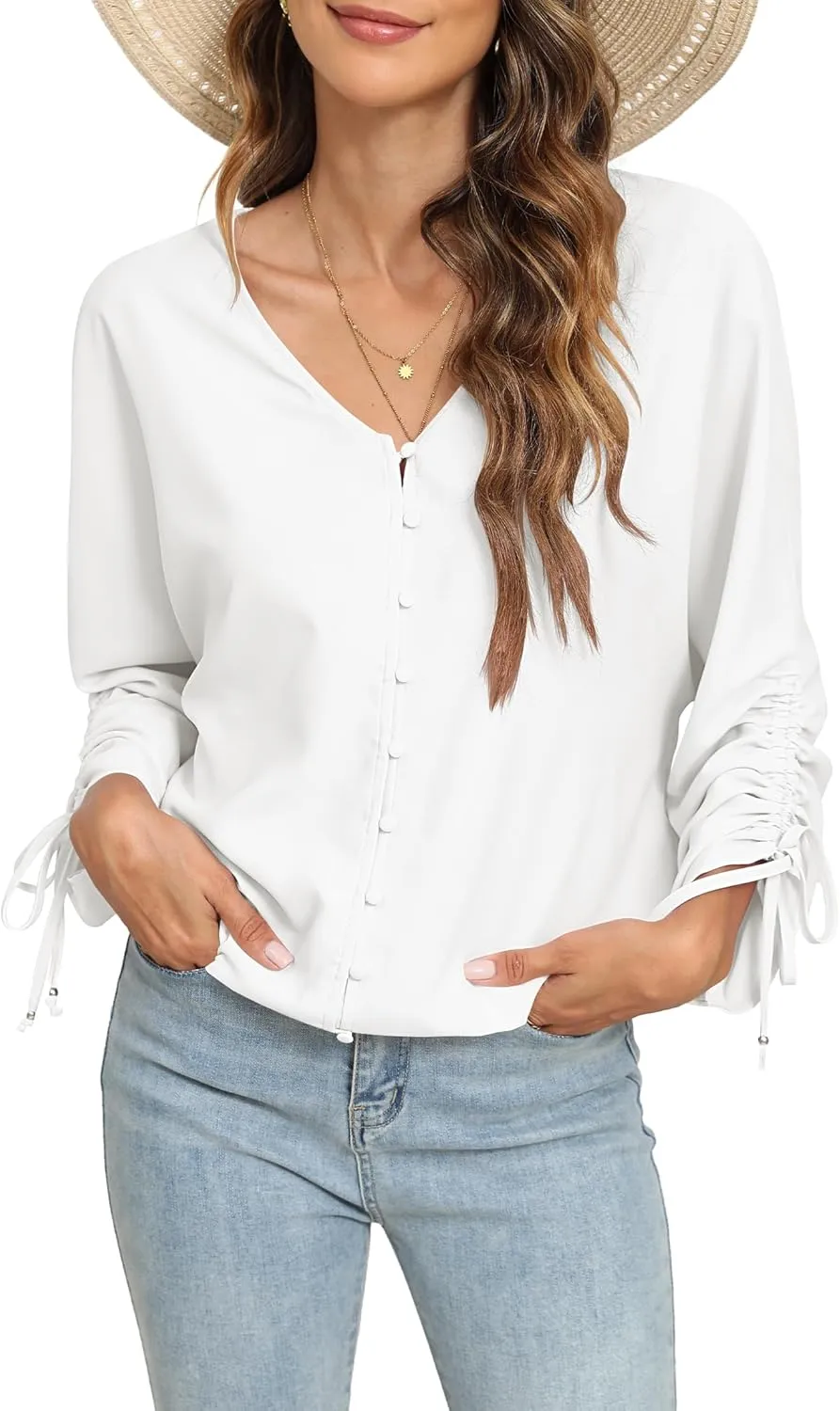 2025 Womens Chiffon Blouses V Neck 3/4 Sleeve Tops Oversized Button Down Flowy Shirts Business Casual Outfits