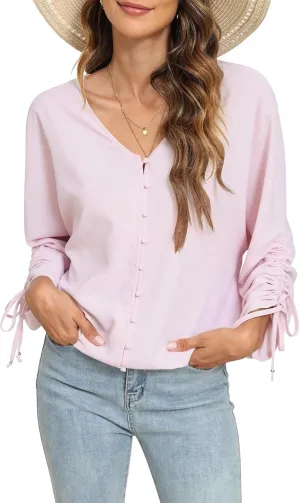 2025 Womens Chiffon Blouses V Neck 3/4 Sleeve Tops Oversized Button Down Flowy Shirts Business Casual Outfits