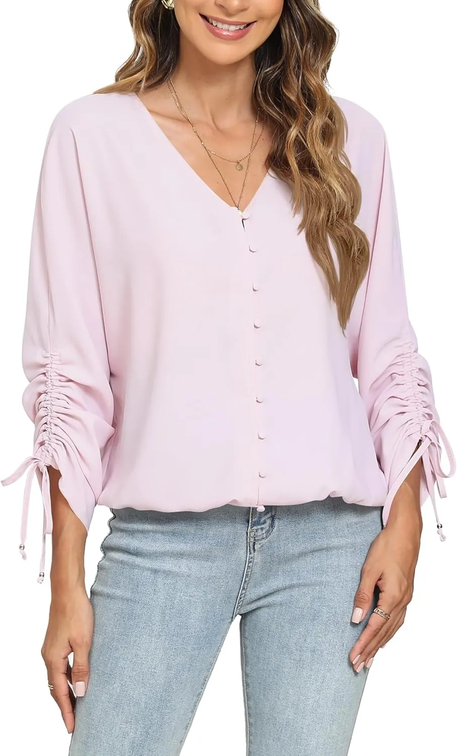 2025 Womens Chiffon Blouses V Neck 3/4 Sleeve Tops Oversized Button Down Flowy Shirts Business Casual Outfits