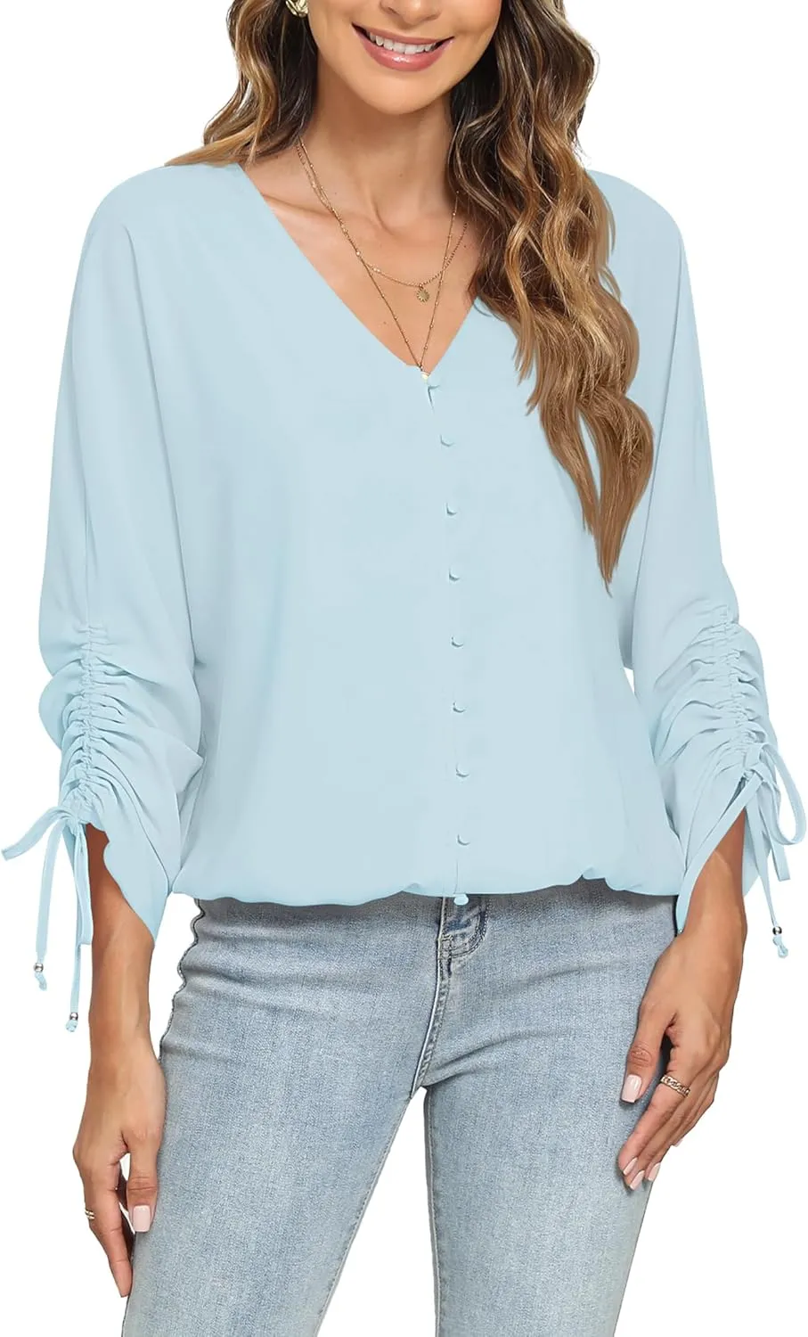 2025 Womens Chiffon Blouses V Neck 3/4 Sleeve Tops Oversized Button Down Flowy Shirts Business Casual Outfits