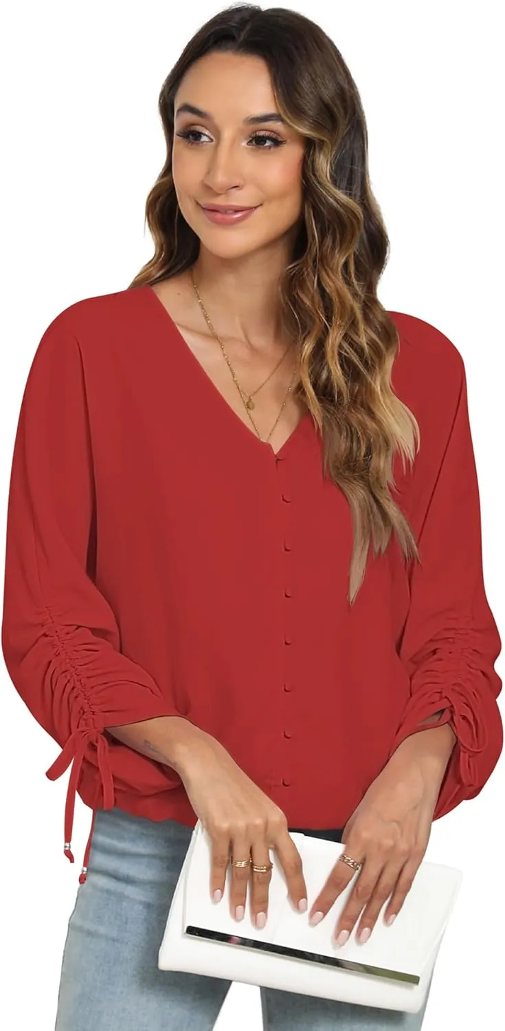2025 Womens Chiffon Blouses V Neck 3/4 Sleeve Tops Oversized Button Down Flowy Shirts Business Casual Outfits