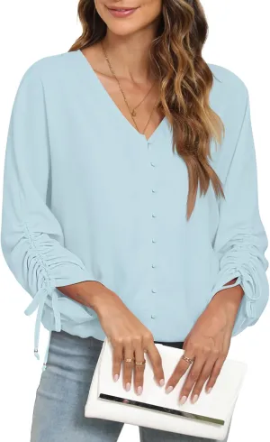 2025 Womens Chiffon Blouses V Neck 3/4 Sleeve Tops Oversized Button Down Flowy Shirts Business Casual Outfits