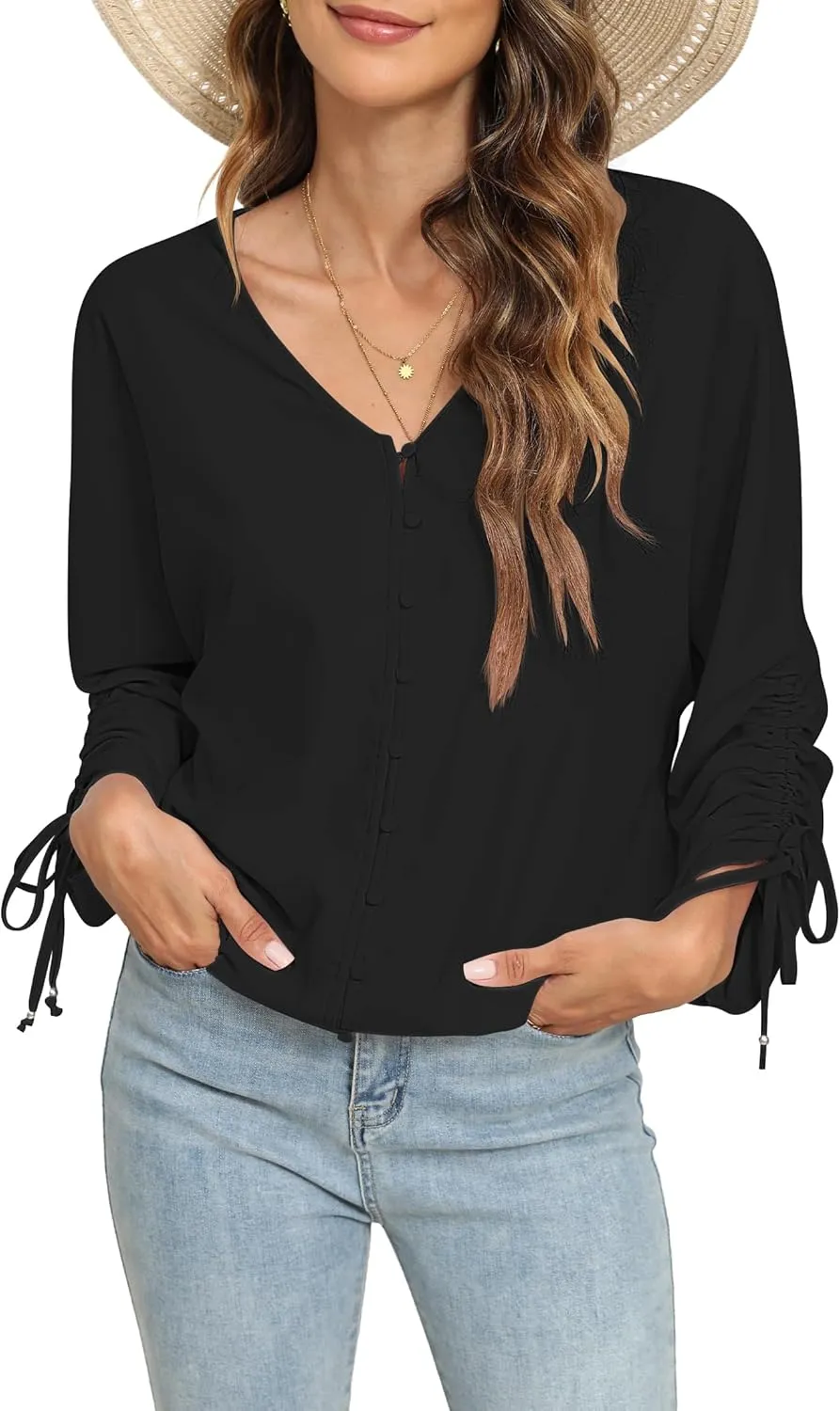 2025 Womens Chiffon Blouses V Neck 3/4 Sleeve Tops Oversized Button Down Flowy Shirts Business Casual Outfits