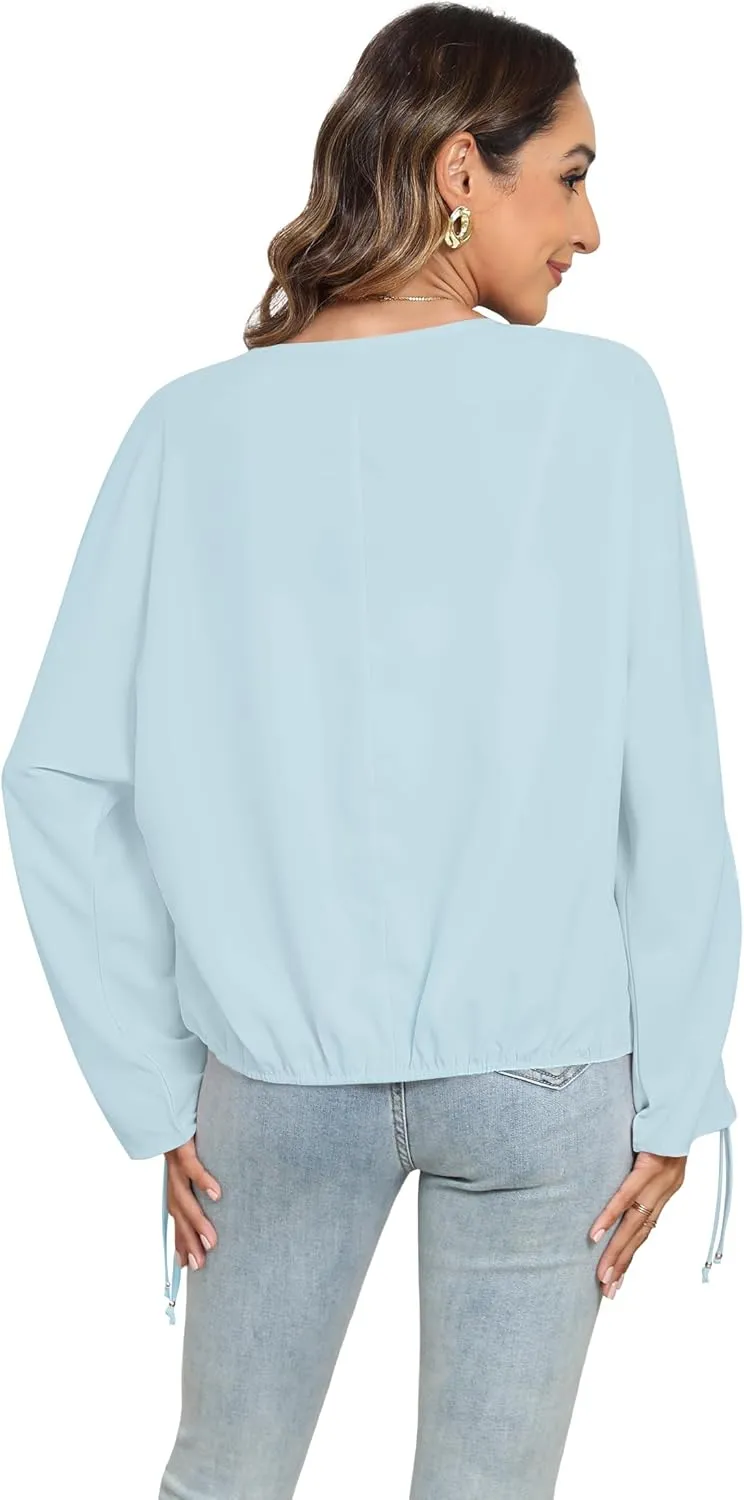 2025 Womens Chiffon Blouses V Neck 3/4 Sleeve Tops Oversized Button Down Flowy Shirts Business Casual Outfits