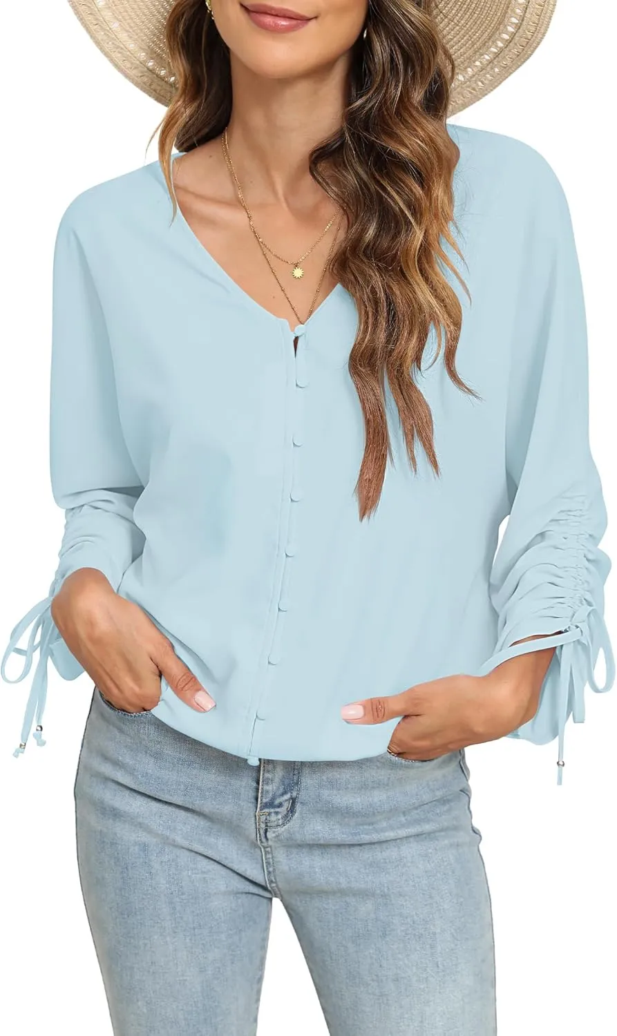 2025 Womens Chiffon Blouses V Neck 3/4 Sleeve Tops Oversized Button Down Flowy Shirts Business Casual Outfits