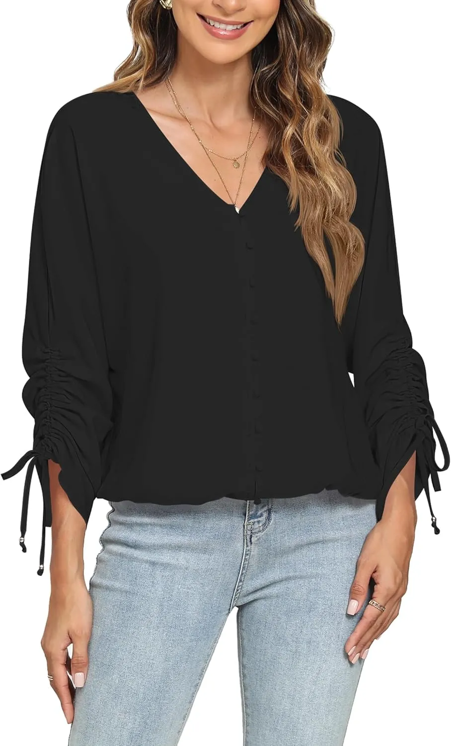 2025 Womens Chiffon Blouses V Neck 3/4 Sleeve Tops Oversized Button Down Flowy Shirts Business Casual Outfits