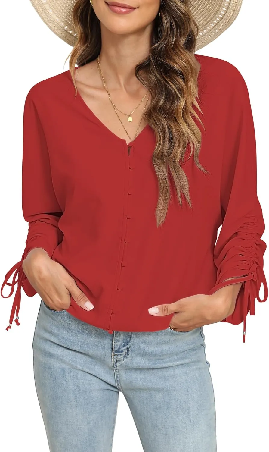 2025 Womens Chiffon Blouses V Neck 3/4 Sleeve Tops Oversized Button Down Flowy Shirts Business Casual Outfits