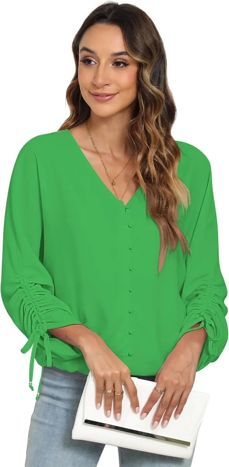 2025 Womens Chiffon Blouses V Neck 3/4 Sleeve Tops Oversized Button Down Flowy Shirts Business Casual Outfits