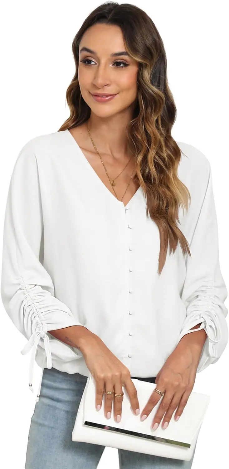 2025 Womens Chiffon Blouses V Neck 3/4 Sleeve Tops Oversized Button Down Flowy Shirts Business Casual Outfits