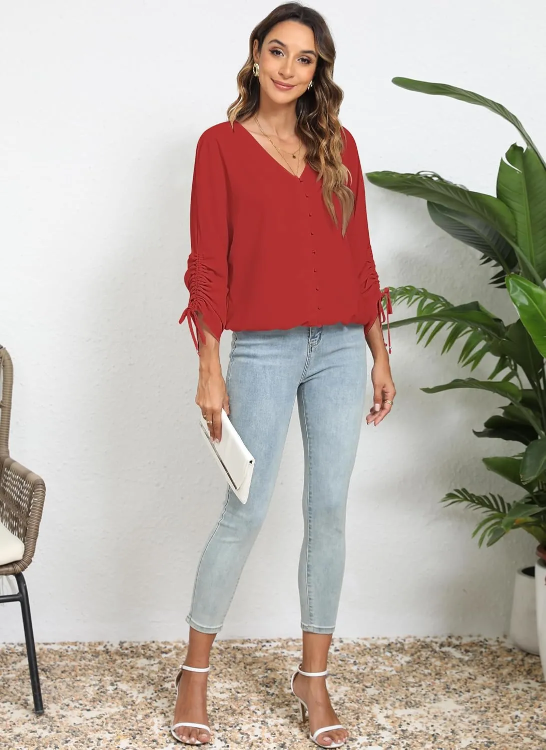 2025 Womens Chiffon Blouses V Neck 3/4 Sleeve Tops Oversized Button Down Flowy Shirts Business Casual Outfits