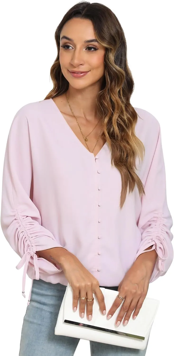 2025 Womens Chiffon Blouses V Neck 3/4 Sleeve Tops Oversized Button Down Flowy Shirts Business Casual Outfits