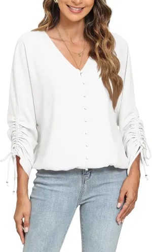 2025 Womens Chiffon Blouses V Neck 3/4 Sleeve Tops Oversized Button Down Flowy Shirts Business Casual Outfits