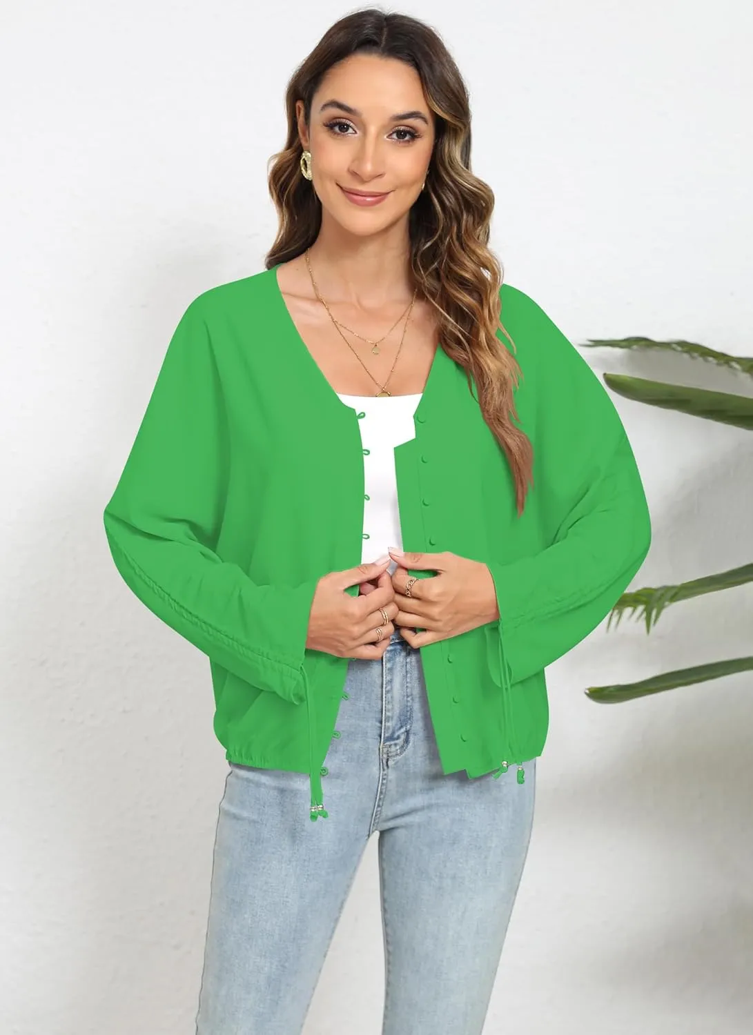 2025 Womens Chiffon Blouses V Neck 3/4 Sleeve Tops Oversized Button Down Flowy Shirts Business Casual Outfits