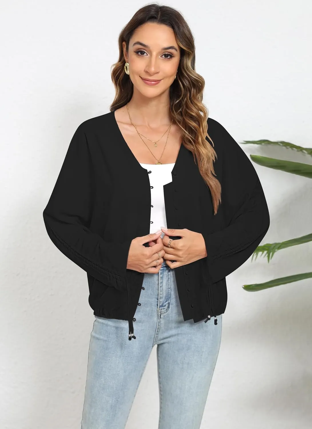 2025 Womens Chiffon Blouses V Neck 3/4 Sleeve Tops Oversized Button Down Flowy Shirts Business Casual Outfits