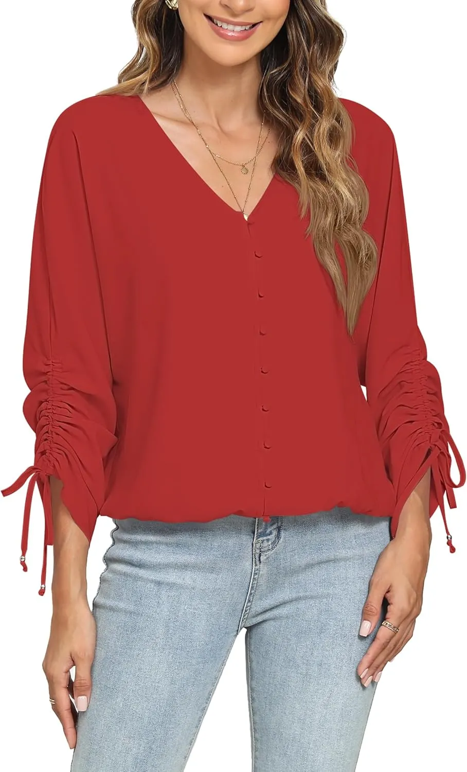 2025 Womens Chiffon Blouses V Neck 3/4 Sleeve Tops Oversized Button Down Flowy Shirts Business Casual Outfits