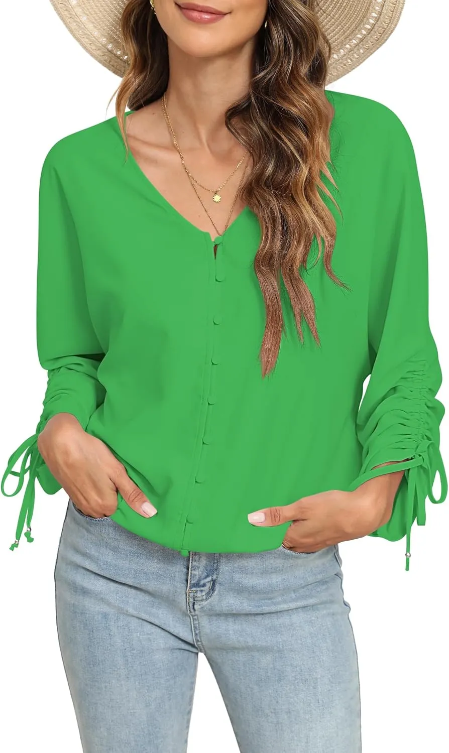 2025 Womens Chiffon Blouses V Neck 3/4 Sleeve Tops Oversized Button Down Flowy Shirts Business Casual Outfits