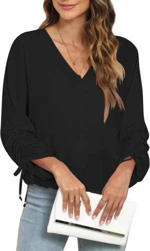 2025 Womens Chiffon Blouses V Neck 3/4 Sleeve Tops Oversized Button Down Flowy Shirts Business Casual Outfits