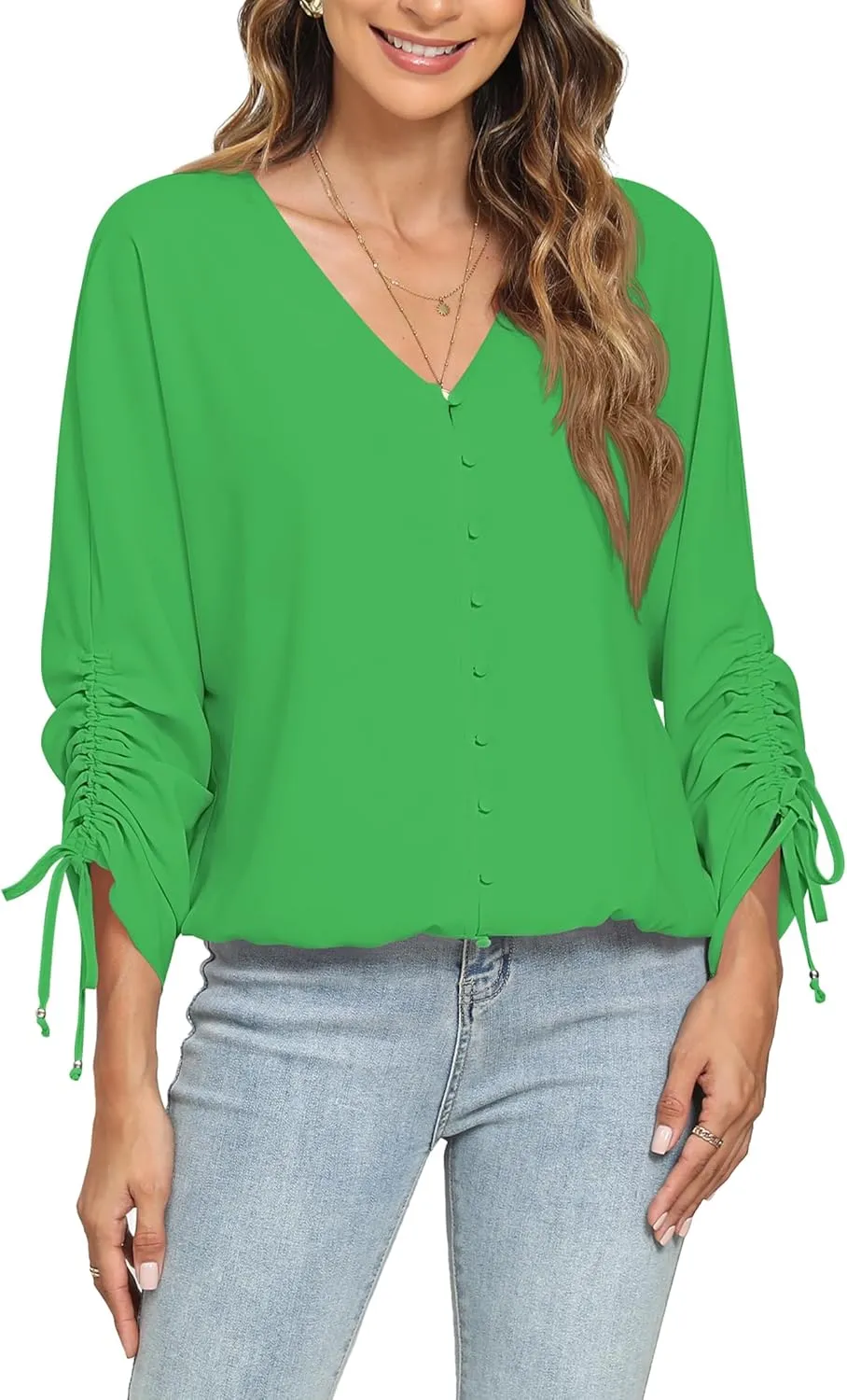 2025 Womens Chiffon Blouses V Neck 3/4 Sleeve Tops Oversized Button Down Flowy Shirts Business Casual Outfits