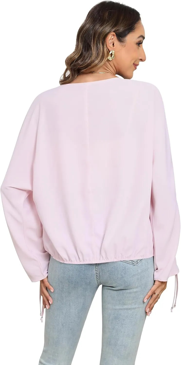 2025 Womens Chiffon Blouses V Neck 3/4 Sleeve Tops Oversized Button Down Flowy Shirts Business Casual Outfits