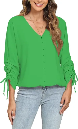 2025 Womens Chiffon Blouses V Neck 3/4 Sleeve Tops Oversized Button Down Flowy Shirts Business Casual Outfits
