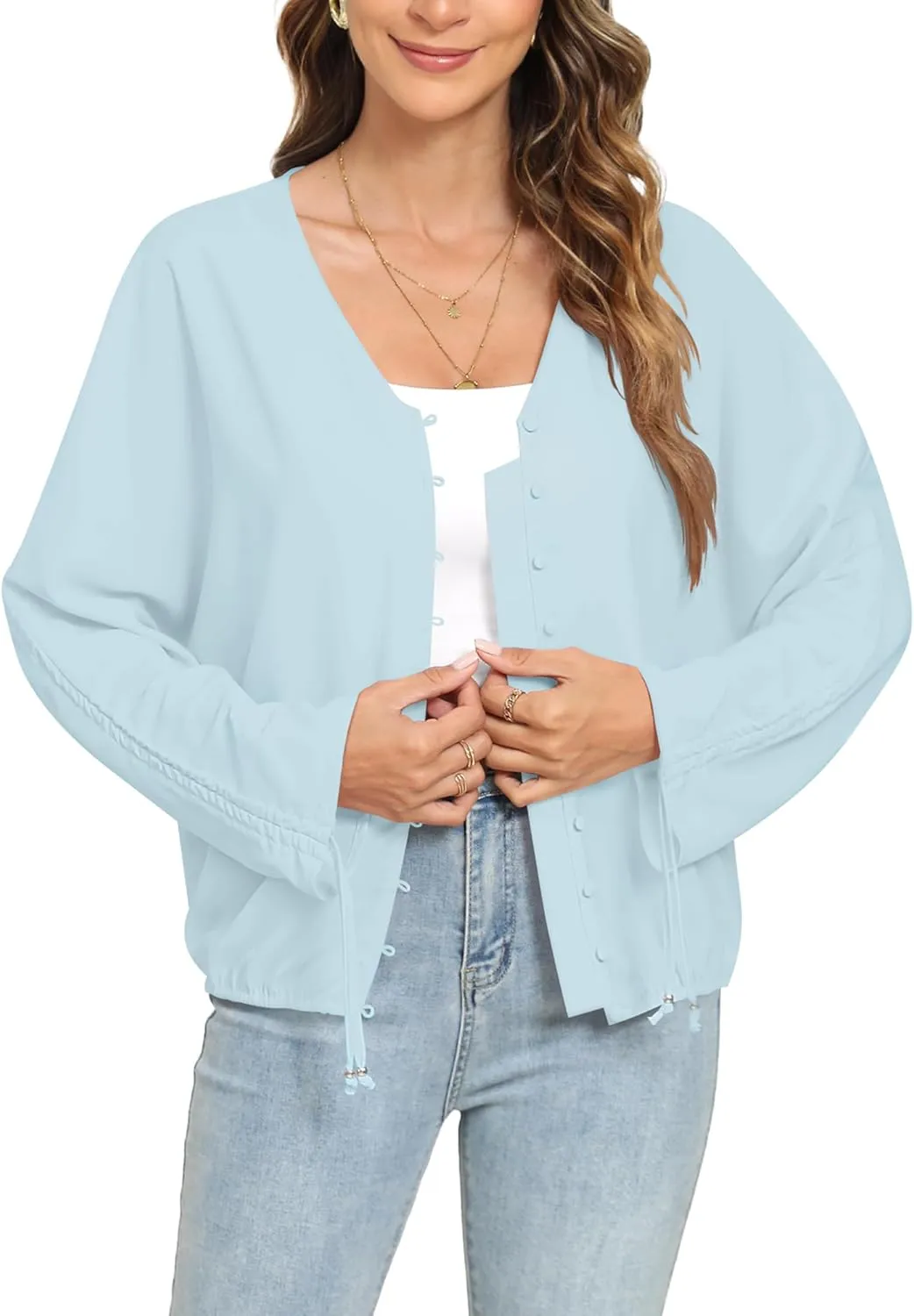 2025 Womens Chiffon Blouses V Neck 3/4 Sleeve Tops Oversized Button Down Flowy Shirts Business Casual Outfits