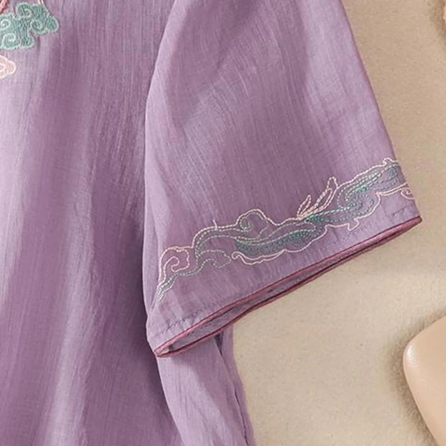 3/4 Sleeve Cotton Linen Shirts for Women 2025 Summer Boho Floral Embroidered Loose V Neck Tops Chinese Frog Blouses