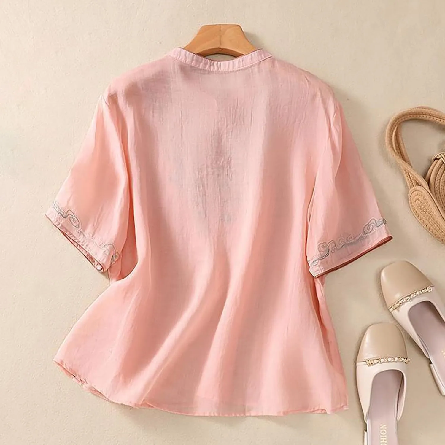 3/4 Sleeve Cotton Linen Shirts for Women 2025 Summer Boho Floral Embroidered Loose V Neck Tops Chinese Frog Blouses