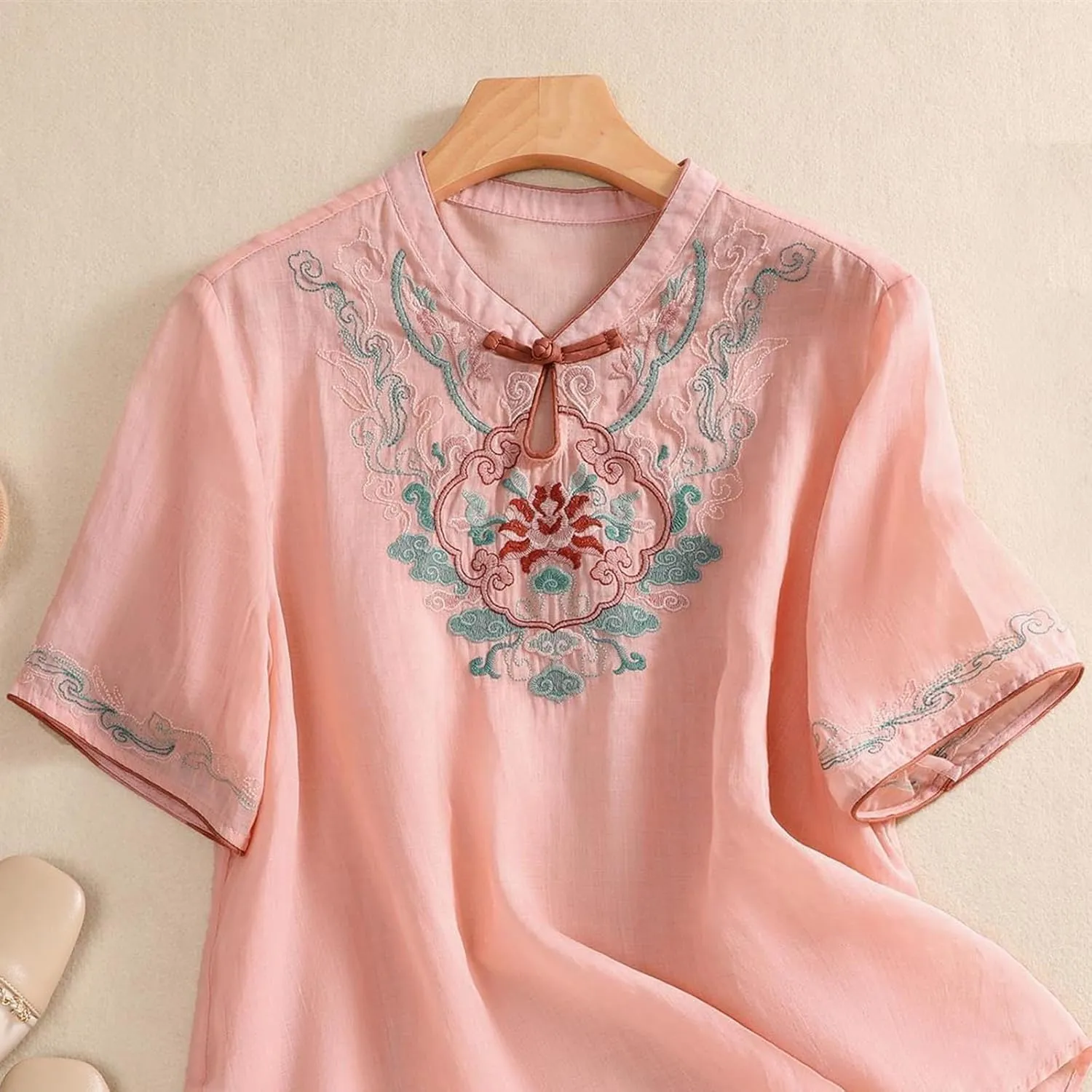 3/4 Sleeve Cotton Linen Shirts for Women 2025 Summer Boho Floral Embroidered Loose V Neck Tops Chinese Frog Blouses