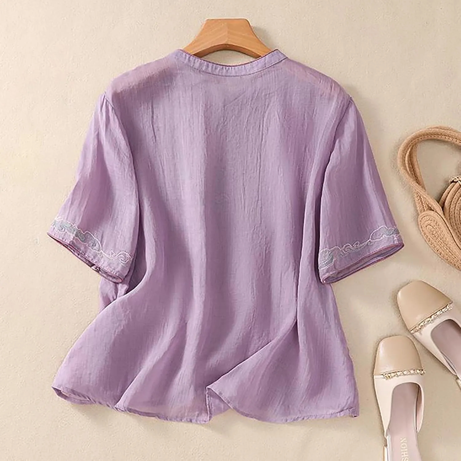 3/4 Sleeve Cotton Linen Shirts for Women 2025 Summer Boho Floral Embroidered Loose V Neck Tops Chinese Frog Blouses