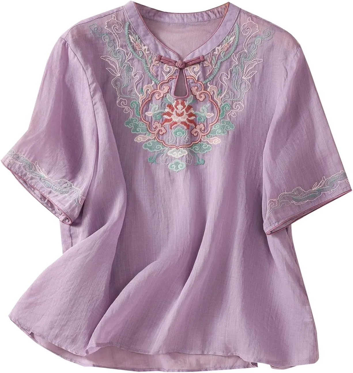 3/4 Sleeve Cotton Linen Shirts for Women 2025 Summer Boho Floral Embroidered Loose V Neck Tops Chinese Frog Blouses