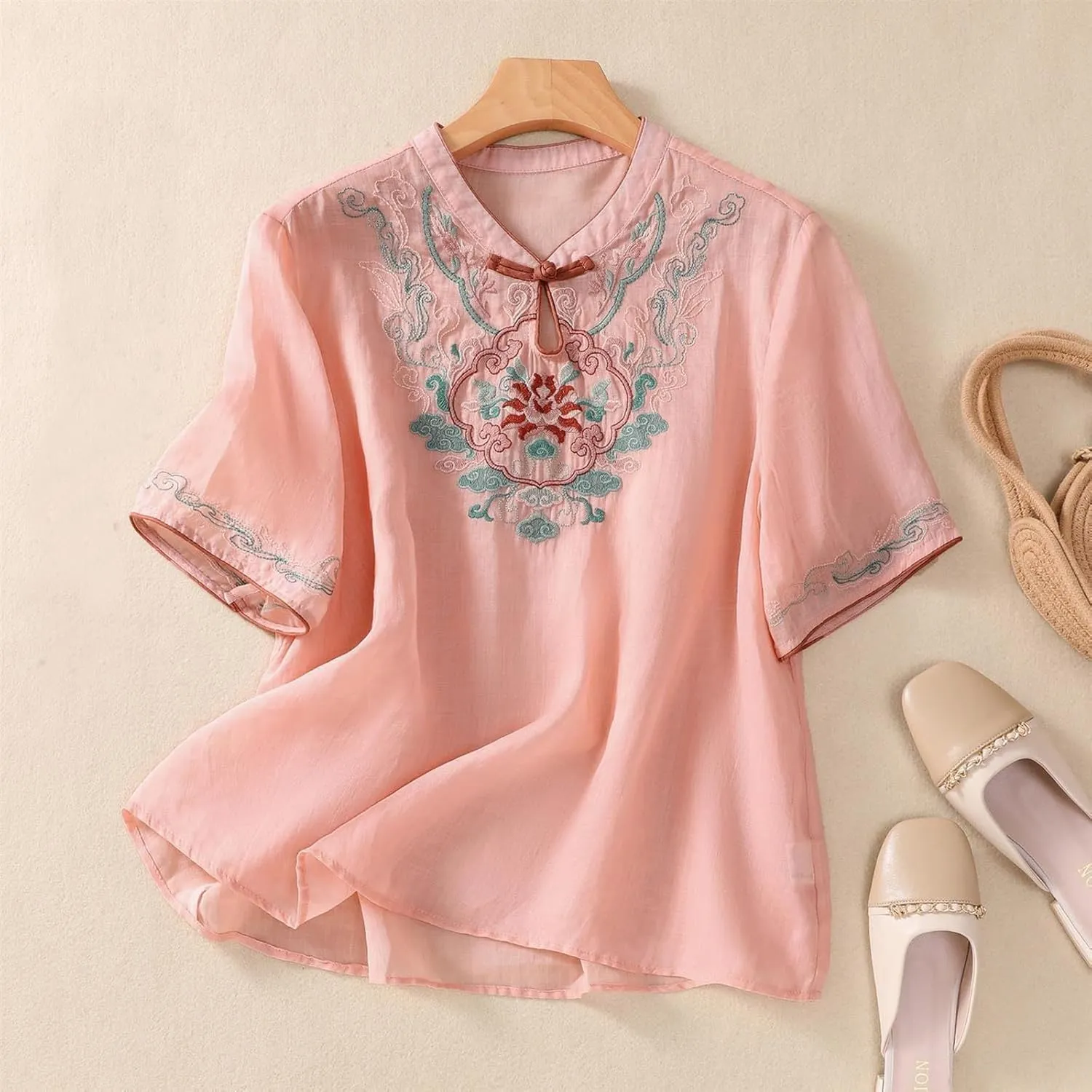 3/4 Sleeve Cotton Linen Shirts for Women 2025 Summer Boho Floral Embroidered Loose V Neck Tops Chinese Frog Blouses