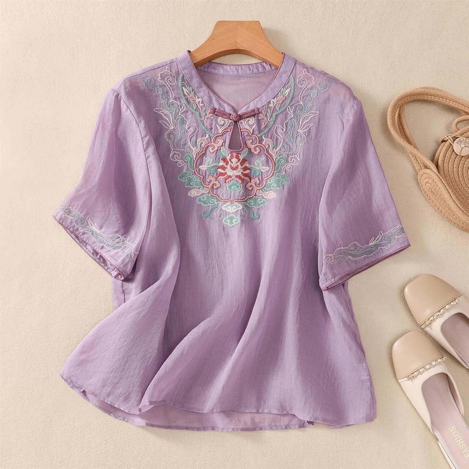 3/4 Sleeve Cotton Linen Shirts for Women 2025 Summer Boho Floral Embroidered Loose V Neck Tops Chinese Frog Blouses