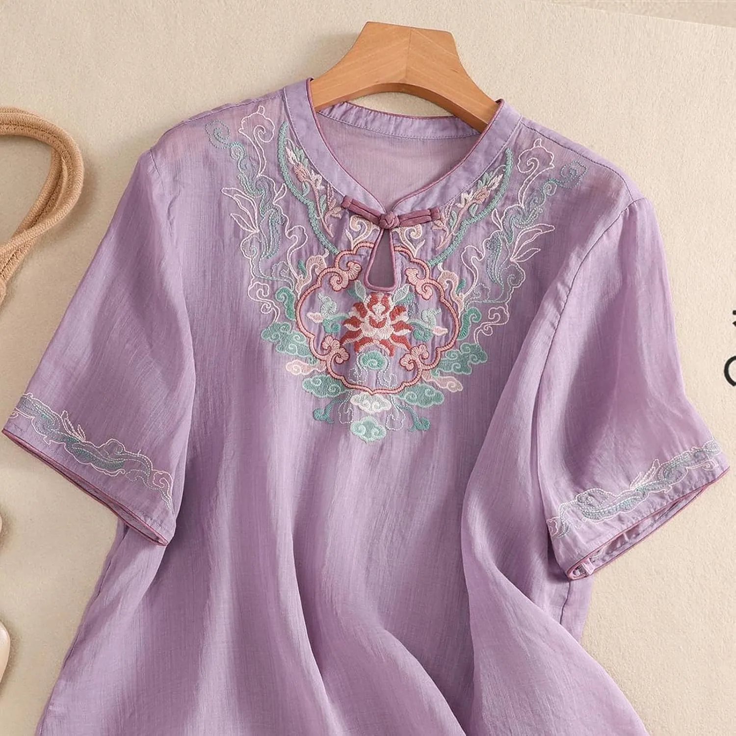 3/4 Sleeve Cotton Linen Shirts for Women 2025 Summer Boho Floral Embroidered Loose V Neck Tops Chinese Frog Blouses