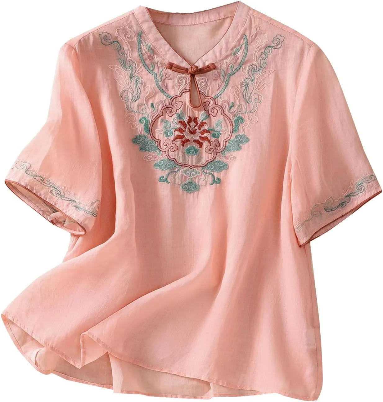 3/4 Sleeve Cotton Linen Shirts for Women 2025 Summer Boho Floral Embroidered Loose V Neck Tops Chinese Frog Blouses