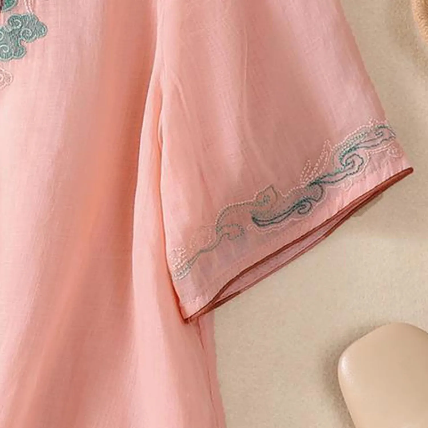 3/4 Sleeve Cotton Linen Shirts for Women 2025 Summer Boho Floral Embroidered Loose V Neck Tops Chinese Frog Blouses